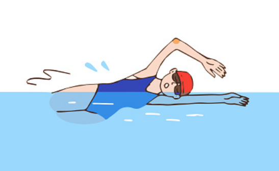 Personnage animé féminin qui nage le crawl dans un bassin de piscine